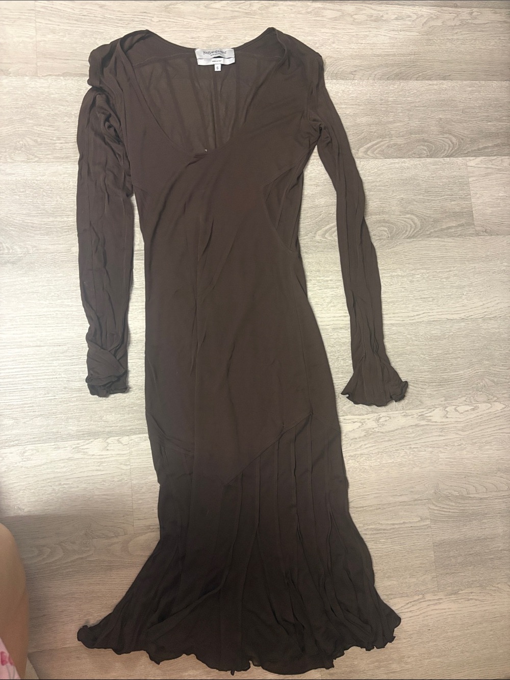 Yves Saint Laurent Brown Long-Sleeve V-Neck Maxi Dress